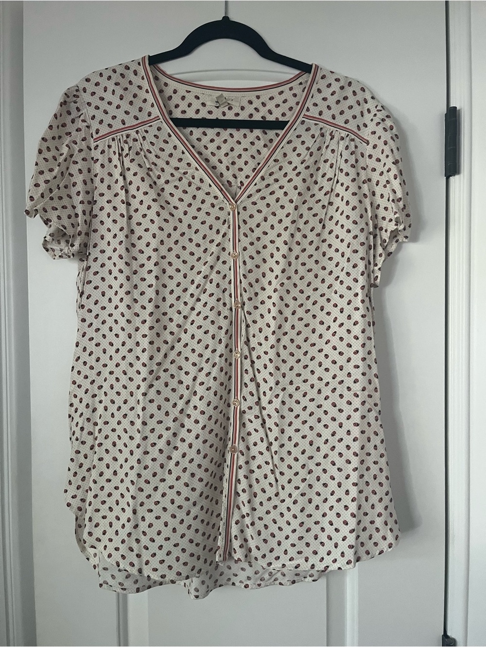 Max Studio Cream Short-Sleeve Button Front Top with ladybug Print